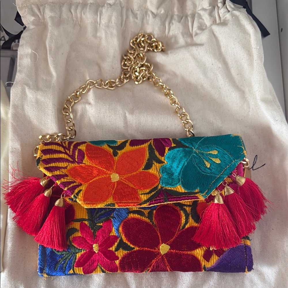 Colorful Embroidered Floral Bag with Gold Chain